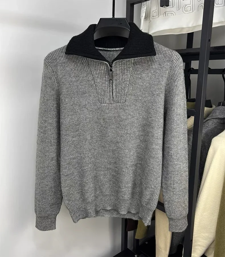 High-End-Marken-Trend-Männer-Pullover mit halbem Reißverschluss 2024, Herbst und Winter, neue lässige Mode, verdickter einfarbiger Strickpullover mit Stehkragen – Detail 17