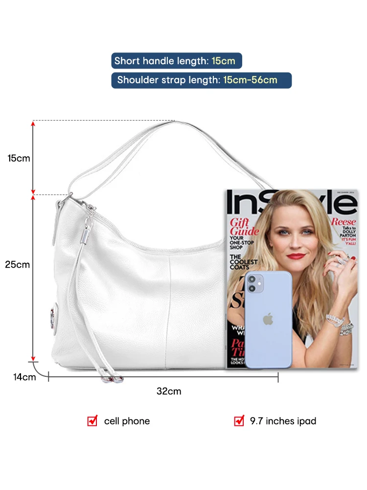 Zency-Bolso de hombro grande de piel auténtica para mujer, bolsa de mano blanca con correa ancha ajustable, bolso Hobo negro de diseñador, 100%