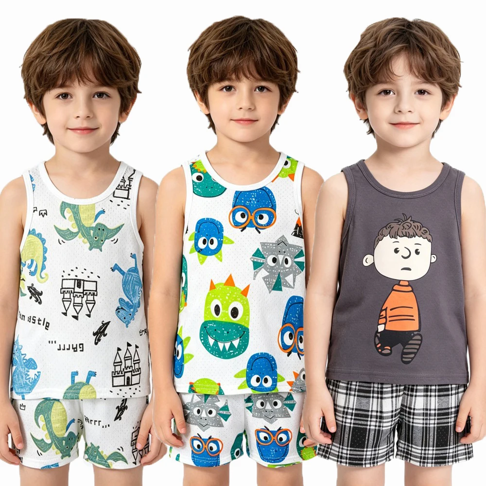 2026 New Boys Cotton Pajamas Set Breathable Sleeveless Tank Top + Shorts Cartoon Dinosaur Print Kids Sleepwear Home Clothes
