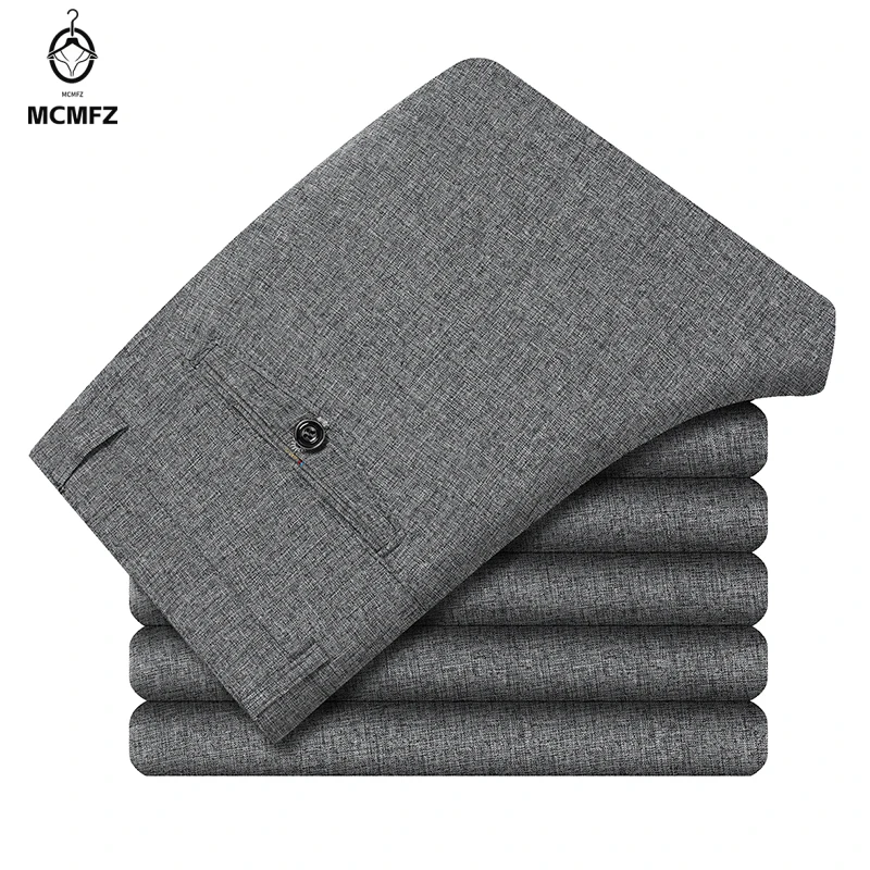 High Stretch Male Dress Suit Pants Durable Linen Textured Woven Fabric Belt Loops Single Back Pocket Office Travel Trousers