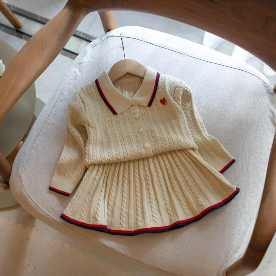 Kids Suits Autumn/Winter Girls' Campus Style Flip Collar Cardigan Sweater+pleated Skirt Two-piece Set  School Uniform 2-6Y