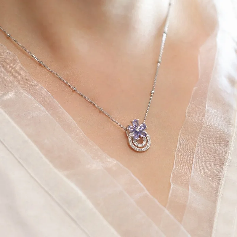 CCFJOYAS Small Fresh Sweet 925 Sterling Silver Light Purple Zircon Flower Pendant Necklace for Women Romantic Exquisite Necklace