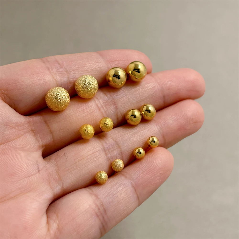 Yellow Gold Plated Buddha Beaded Stud Earrings for Women 4/5/6/8mm Brincos Femme Trendy Jewelry Accessories Wholesale Gifts image 3