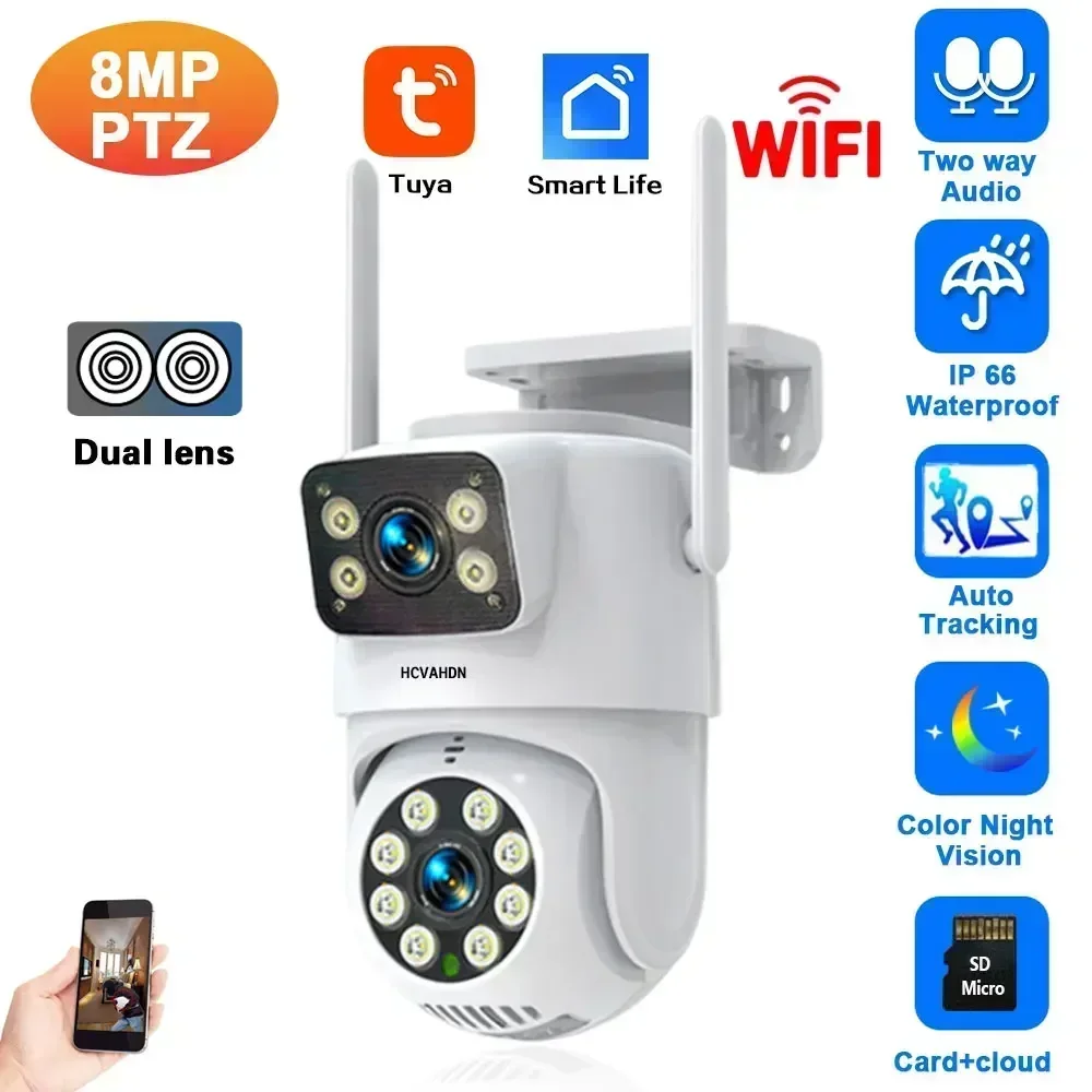 Tuya 4K 8MP PTZ Wifi Security Camera Dual Lens with Dual Screen Ai Auto Tracking Wireless CCTV Surveillance Camera Smart Life