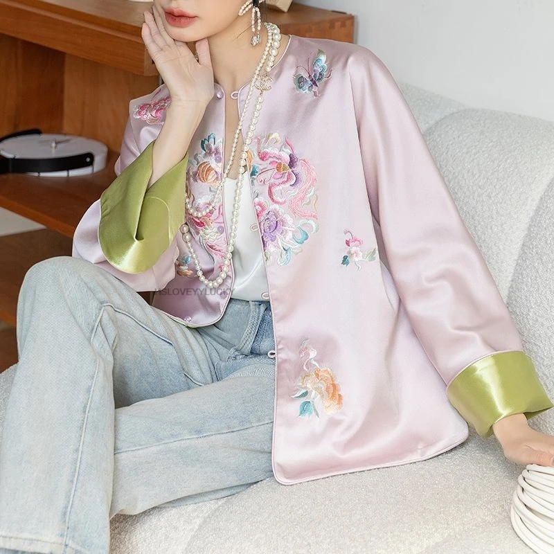 

Chinese Style women's Improved Tangsuits double-sided Wearing Coat women's Round Neck Loose Floral Embroidery Button-up Shirt