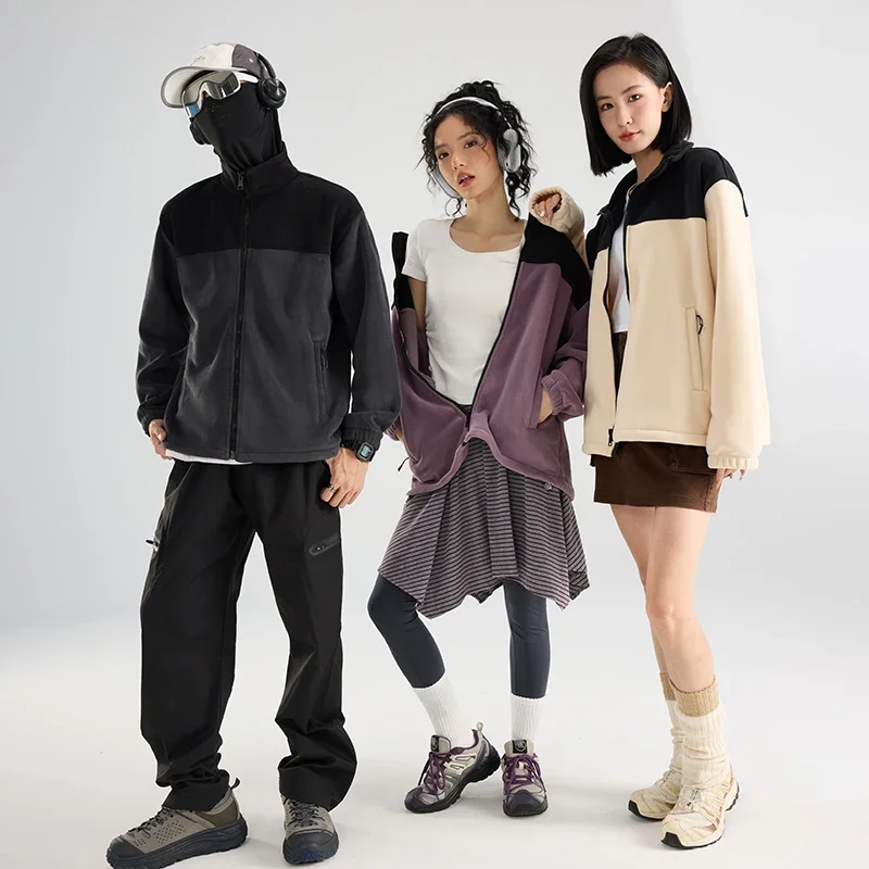 

Patchwork Polar Fleece Jacket Women Men Autumn Winter Zip Up Thicken Sweatshirt Outdoor Sports Casual Zipper Cardigan Jacket Top