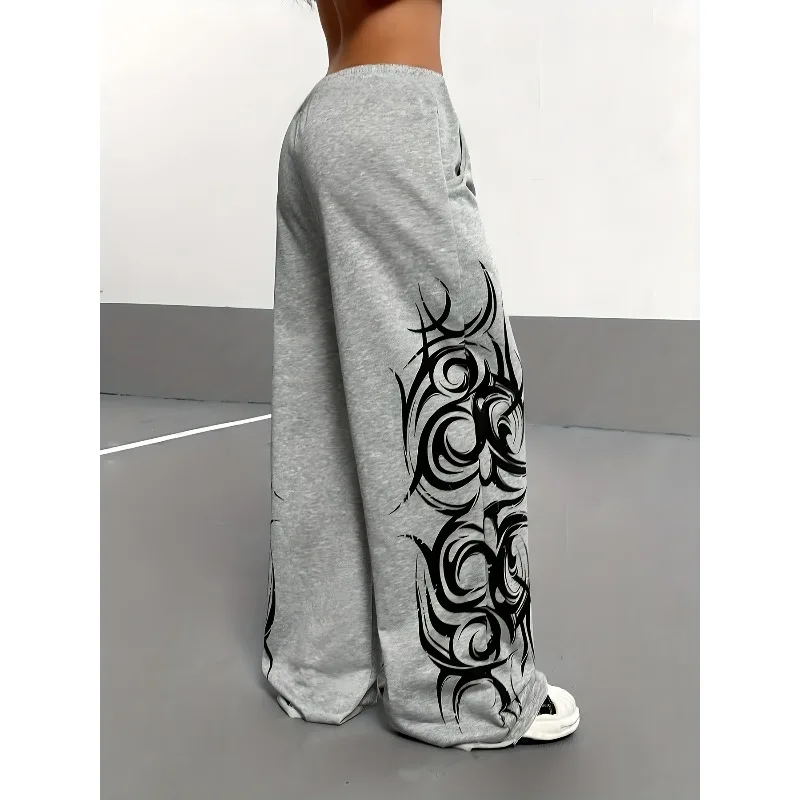 بنطال نسائي واسع الساق بطبعة جرافيتي ريترو - نمط كاجوال فضفاض مع جيوب نمط جديد لخريف وشتاء