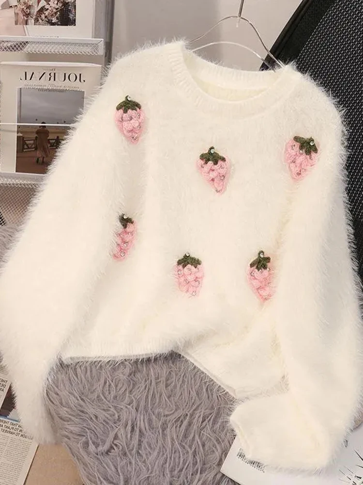 Jmprs 3D Strawberry Soft Sweaters Women Sweet Faux Mink Cashmere Pullovers Chic Cute Long Sleeve Japan Female Knitted Casual Top