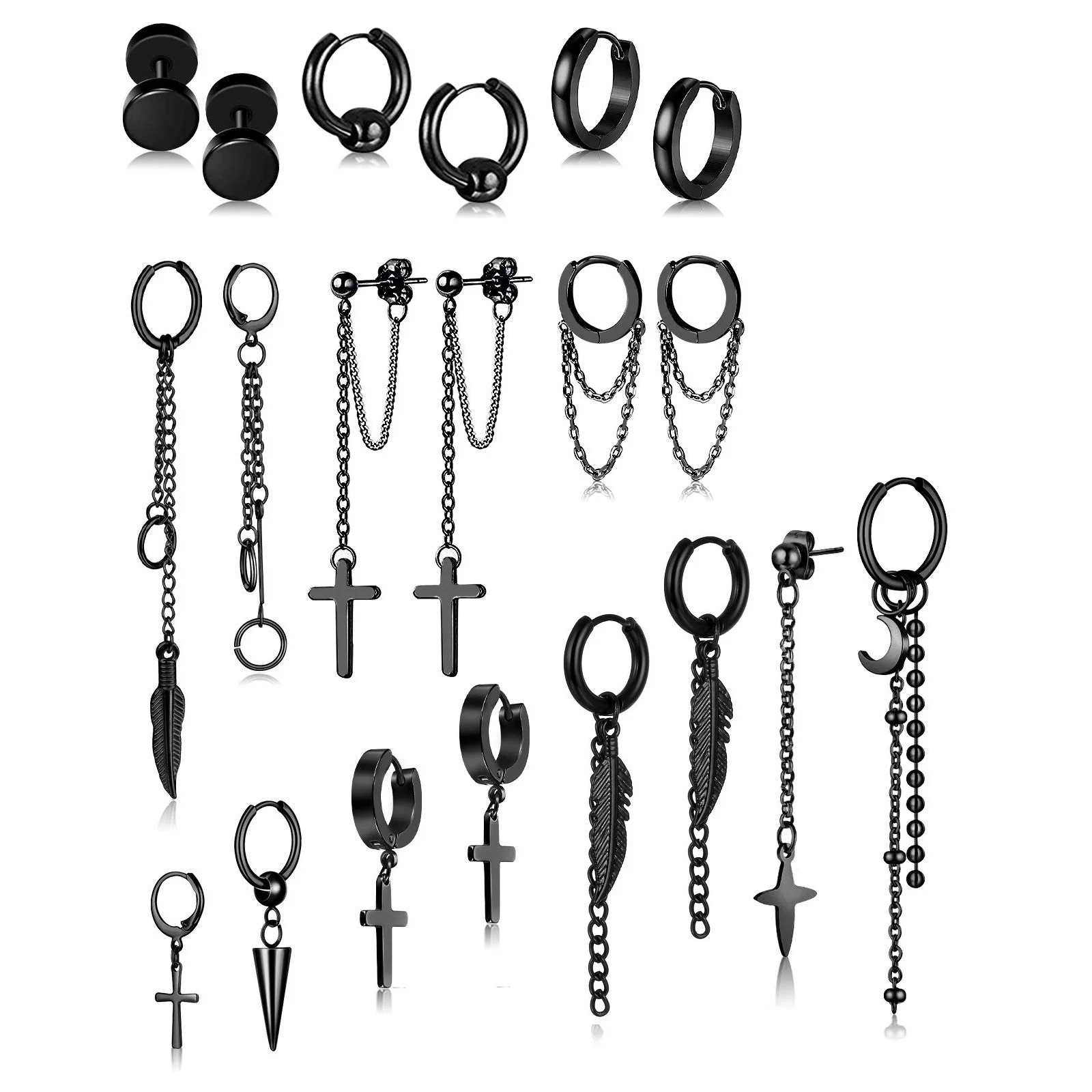 20 Pieces Chain Hoop Brincos Moon e Star Drop Brincos Cross Stainless Steel Hinged Pendant Eboy Brincos para Homens Mulheres Preto