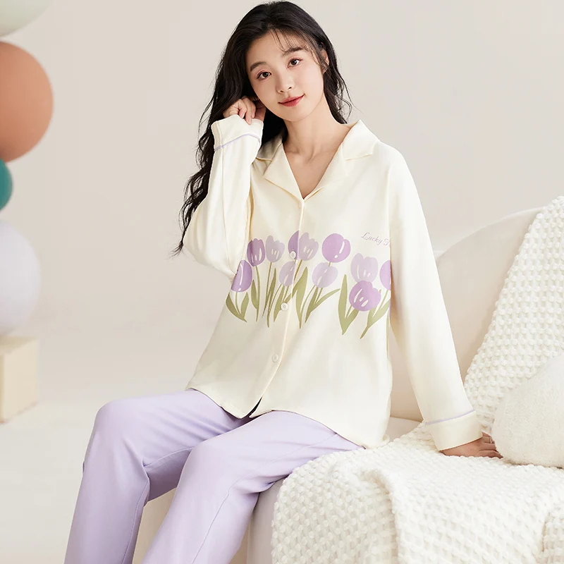 Purple Tulip Pajamas Set Women Sleepwear Cotton Long Sleeves Long Pants Autumn Winter Girl Pyjamas Soft Pijamas Cozy Button Cute