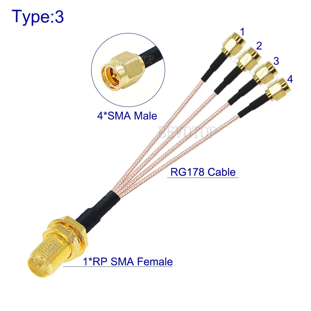 1PCS 1 x SMA/RP Female to 4x SMA Male Plug 1 to 4 SMA Splitter Cable RG178 Pigtail Jumper WIFI Antenna Extension Coaxial Cable
