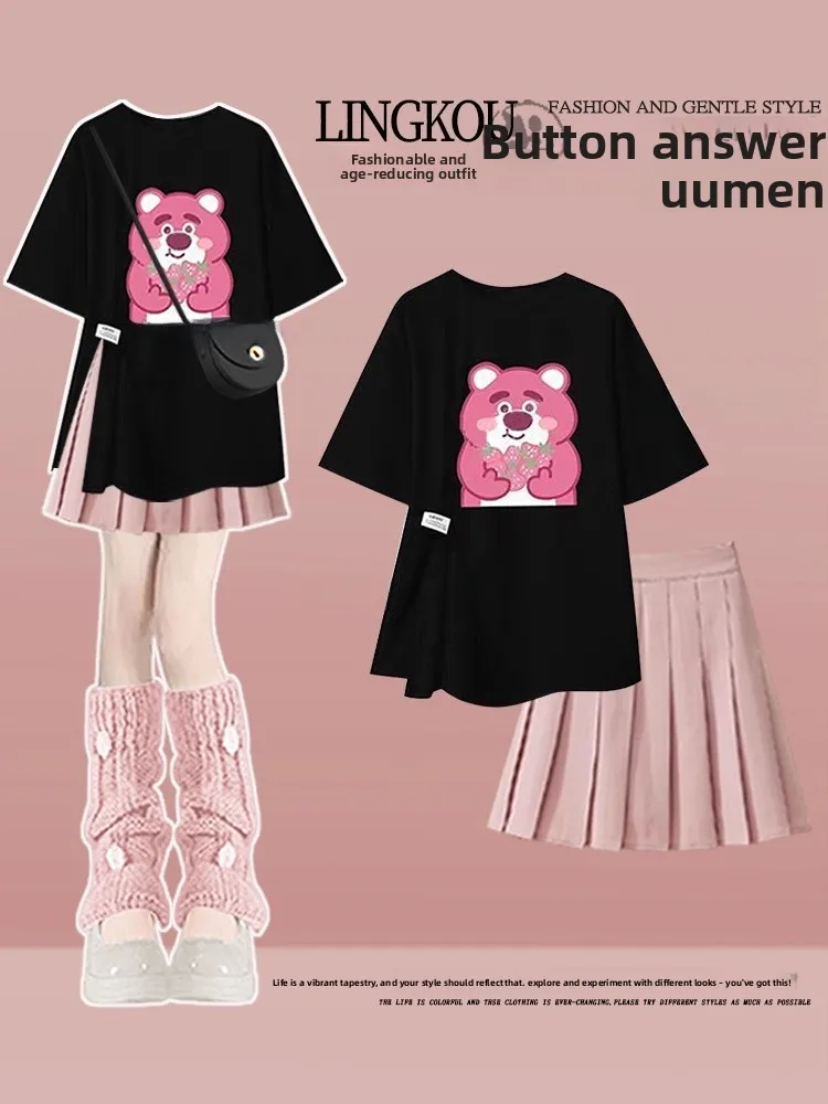 

Summer Outfit Set Women's Dopaamine Slimming Pleated Skirt Short Sleeve T-Shirt Two Piece Set Ageless Split round Neck Top