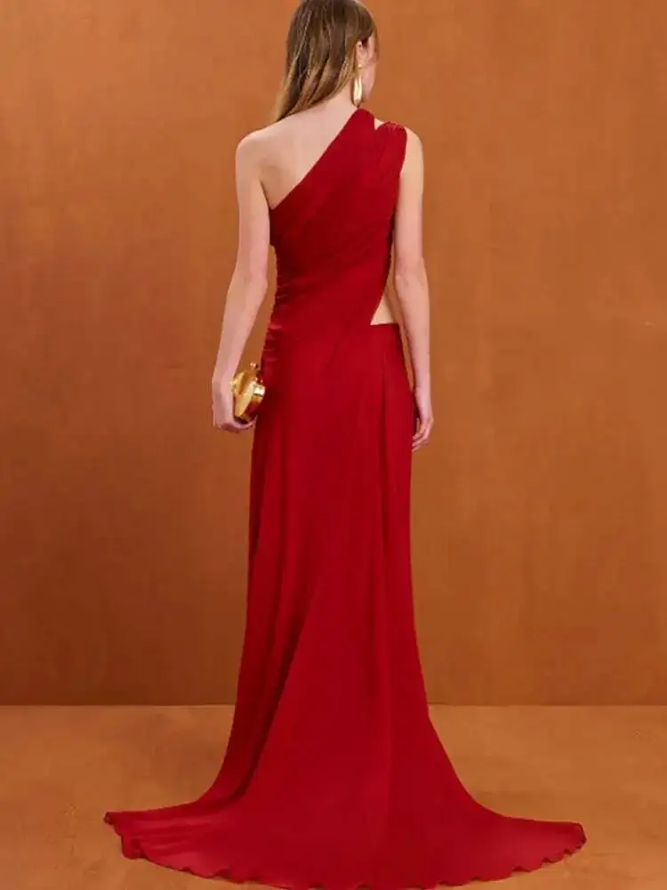 LEOSOXS 2025, Damen-Sommer-Berühmtheit, neues One-Shoulder-Cut-Out, geteiltes rotes Maxi-langes Kleid, elegantes Abend-Club-Partykleid
