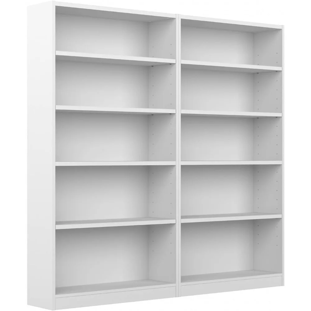 Tall 5 Shelf Bookcase in White - Set of 2, Matching Storage and Display Bookshelves for Home Office or Living Room Organization