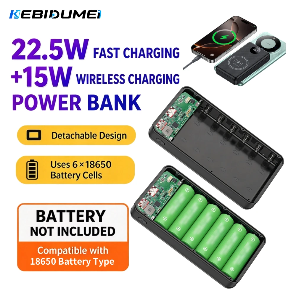 KEBIDUMEI 6*18650 Power Bank Case 22.5W Fast Charging 15W Wireless Charging 10W Mobile Power Bank Housing Battery Holder