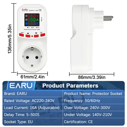 Imagen 2 del producto Protector limitador de corriente contra sobretensiones, enchufe europeo, 16A, CA, 230V, 50/60Hz, Monitor de energía, medidor kWh para electrodomésticos
