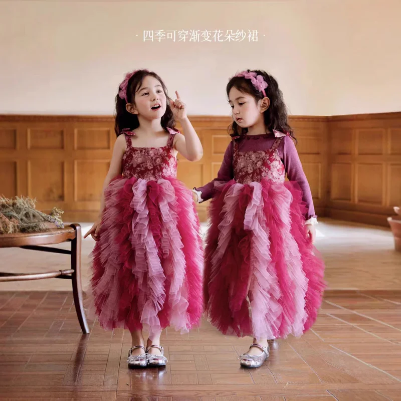 

Spring New Gradient Mesh Dress for Girls with Floral Patchwork Puffy Skirt Birthday Dress