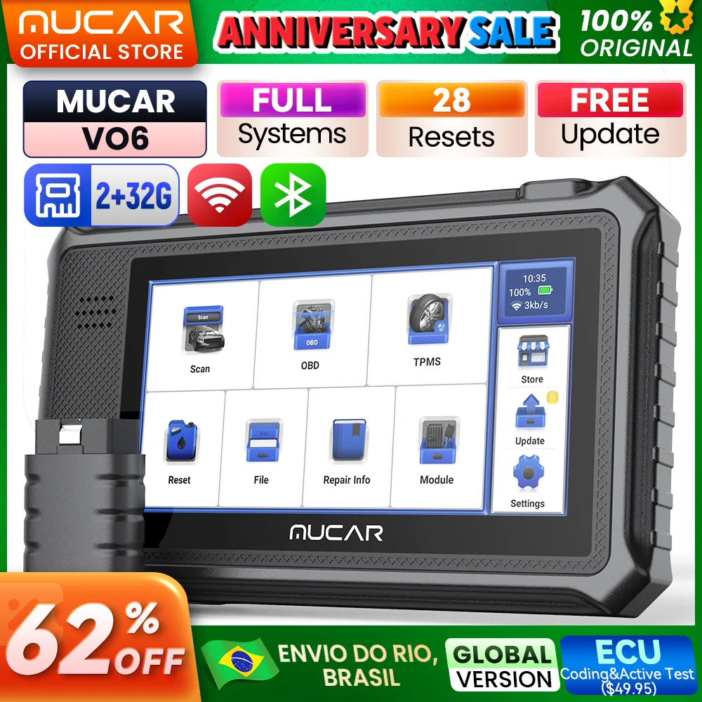 Mucar vo6 ferramentas de diagnóstico do carro vitalício livre versão global sistema completo 28 redefinições obd2 controle bidirecional ferramenta de verificação scanner