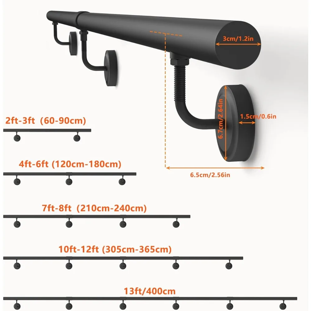 درابزين درج معدني صناعي، درابزين أنبوبي دائري للخطوات الداخلية والخارجية، دعم مثبت على الحائط للدرج، مناسب