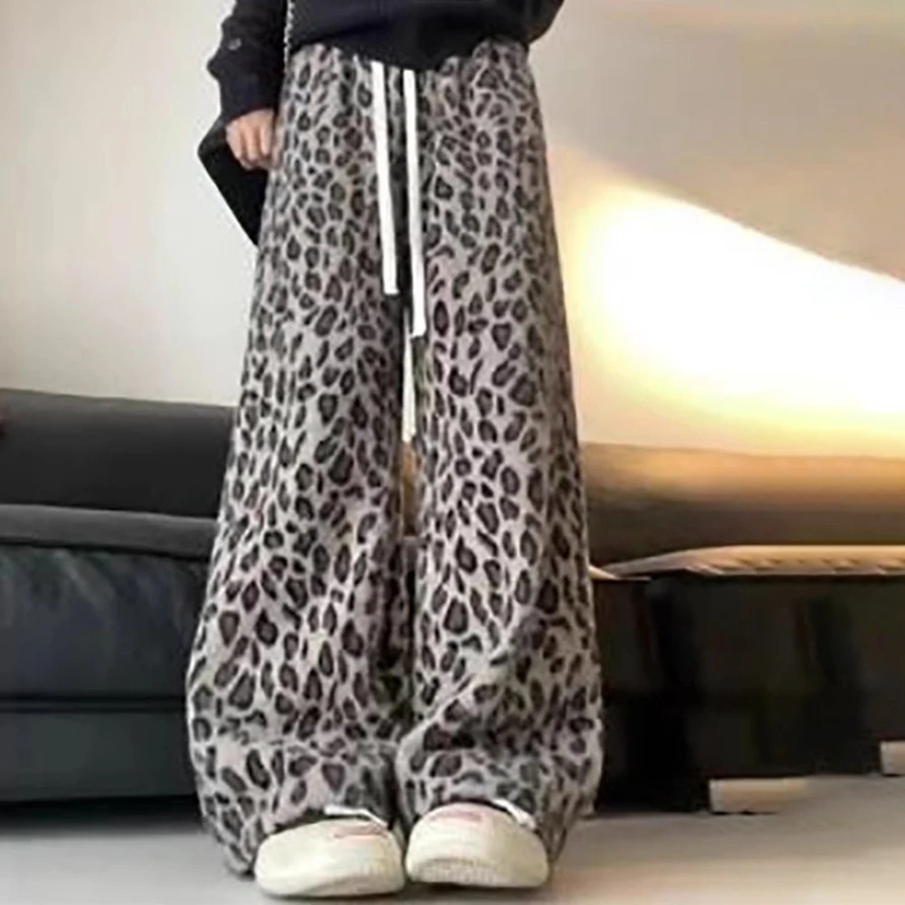 Deep coffee leopard print fleece wide-leg  women's autumn and winter fleece thickened narrow straight  mink fleece casual pants