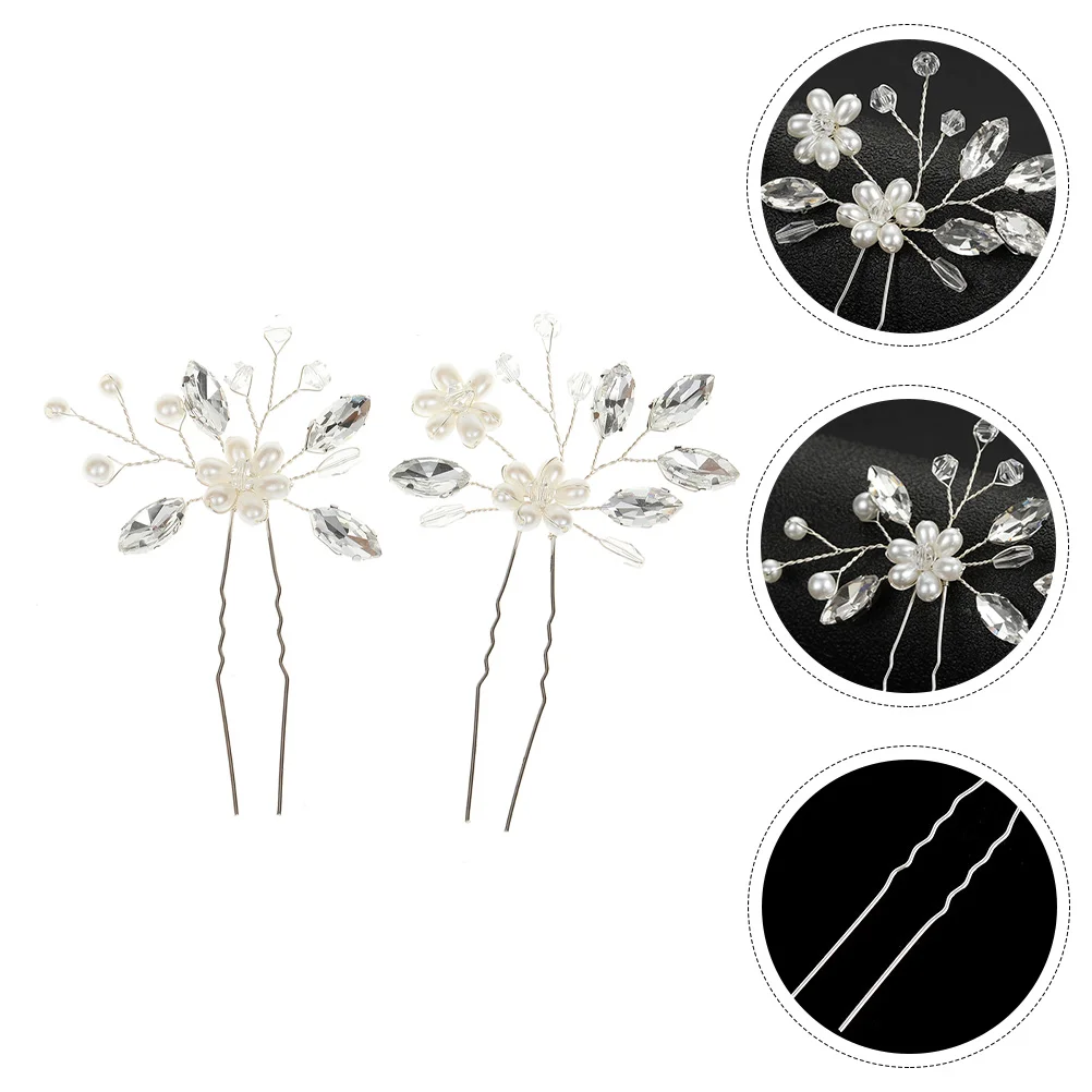 

2 Pcs Hair Fork Wedding Stick Bride Headdress Pin Hairpin Barrettes Pearls Floral Hairstyling