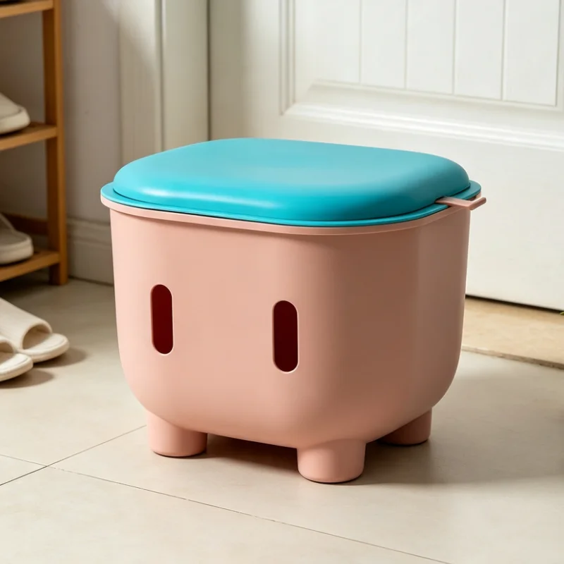 Multifunctional Storage Ottoman With Dual Tone Plastic For Living Room Bedroom Entryway Extra Seating And Toy Organizer