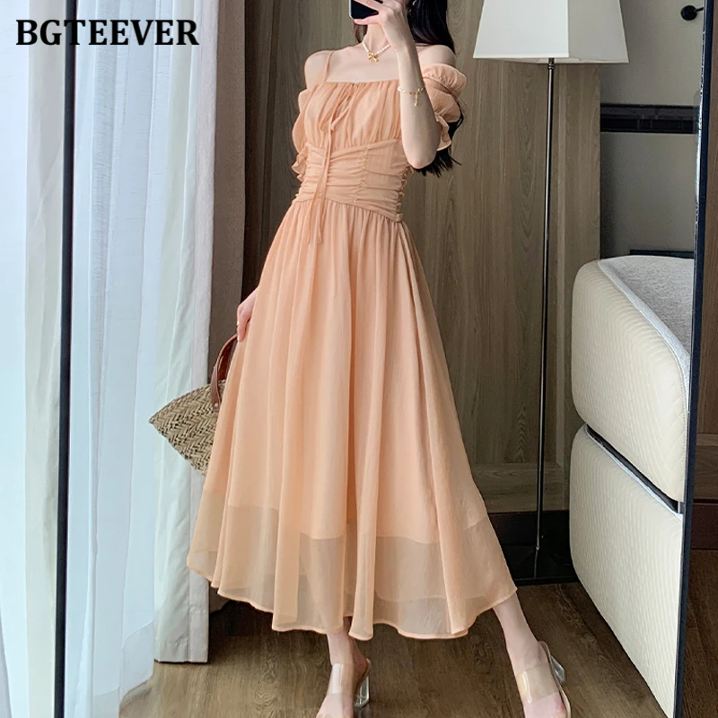 

BGTEEVER Summer Spaghetti Strap A-line Dress for Women Elegant Short Sleeve Slim Waist Female Mid-Length Dress