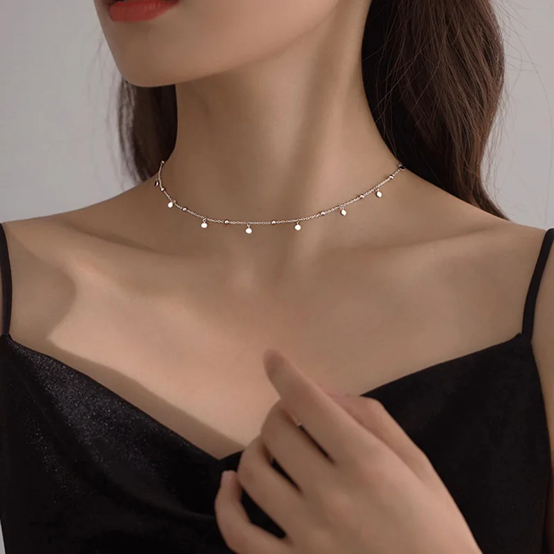 925 Sterling Silver Delicate Jewelry Round Bead Discs Choker Necklace for Women Party Clavicle Chain Necklace Wholesale S-N695