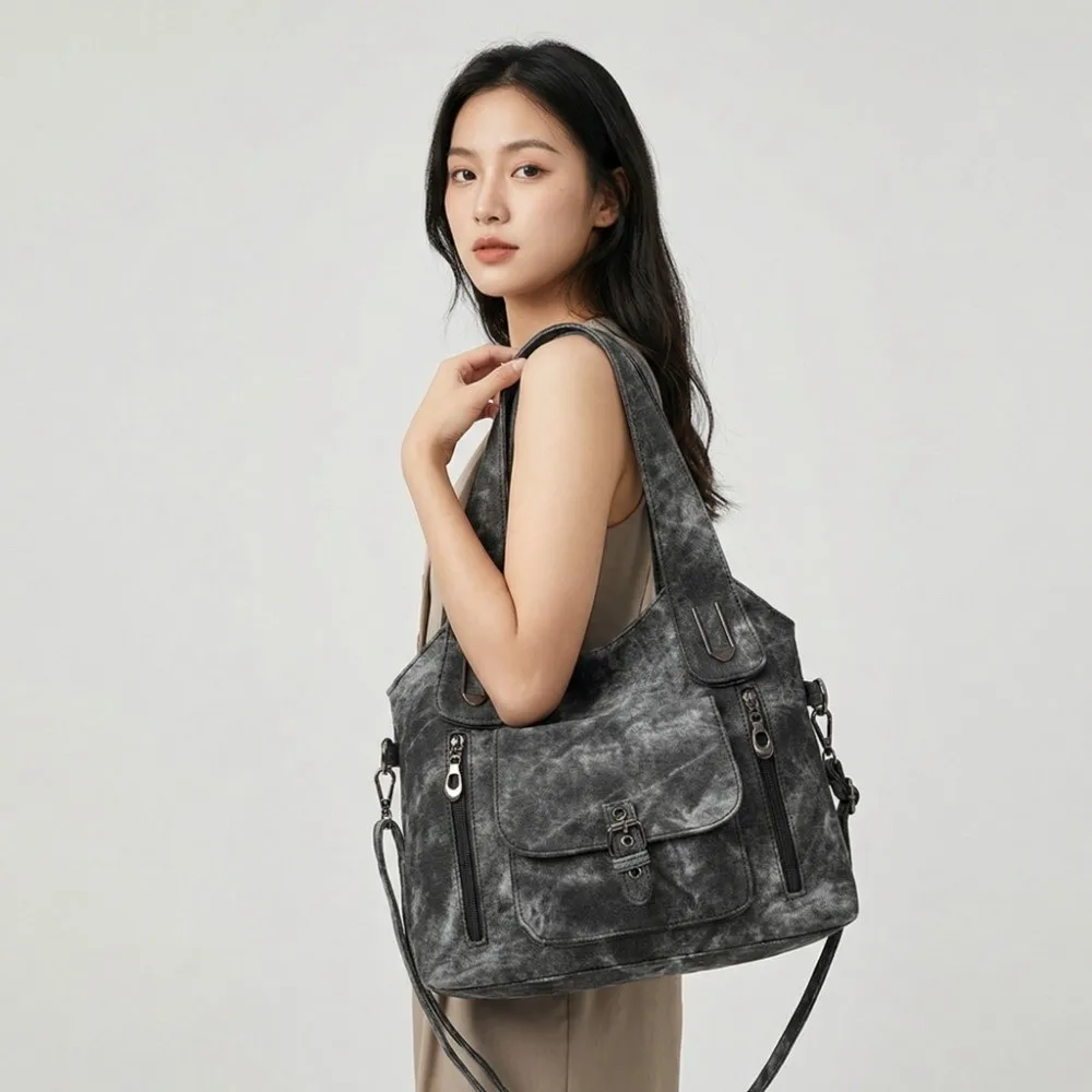 Tie-dye Handbag Retro Tote Bag Texture Leather Multi-pockets Contrast Color Shoulder Bag Magnetic Button Large Capacity