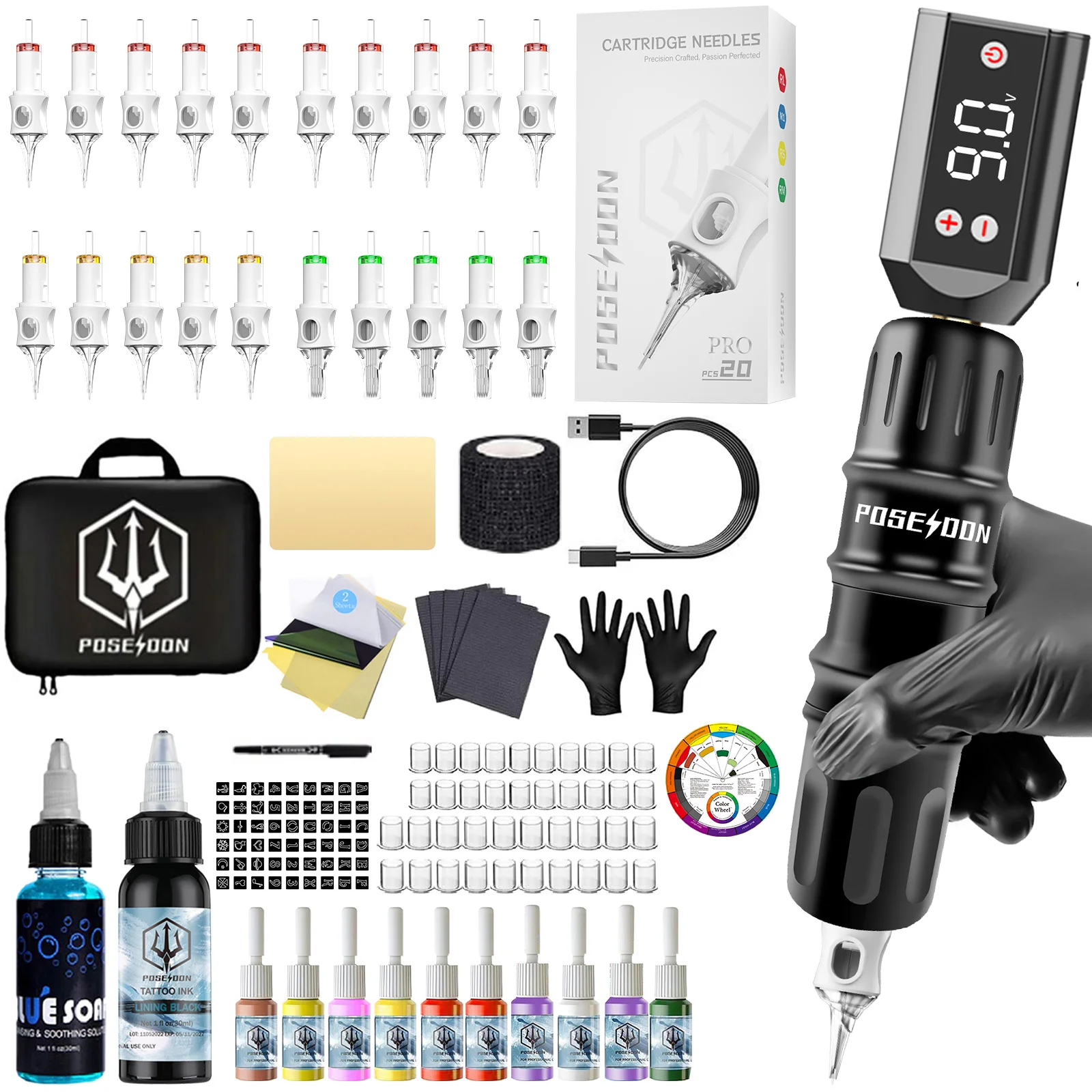 

Tattoo Kit POSEIDON V6 Tattoo Pen Kit For Permanent Makeup Tattoo Machine Kit PS089 Black Tattoo Power Supply Tattoo Kit