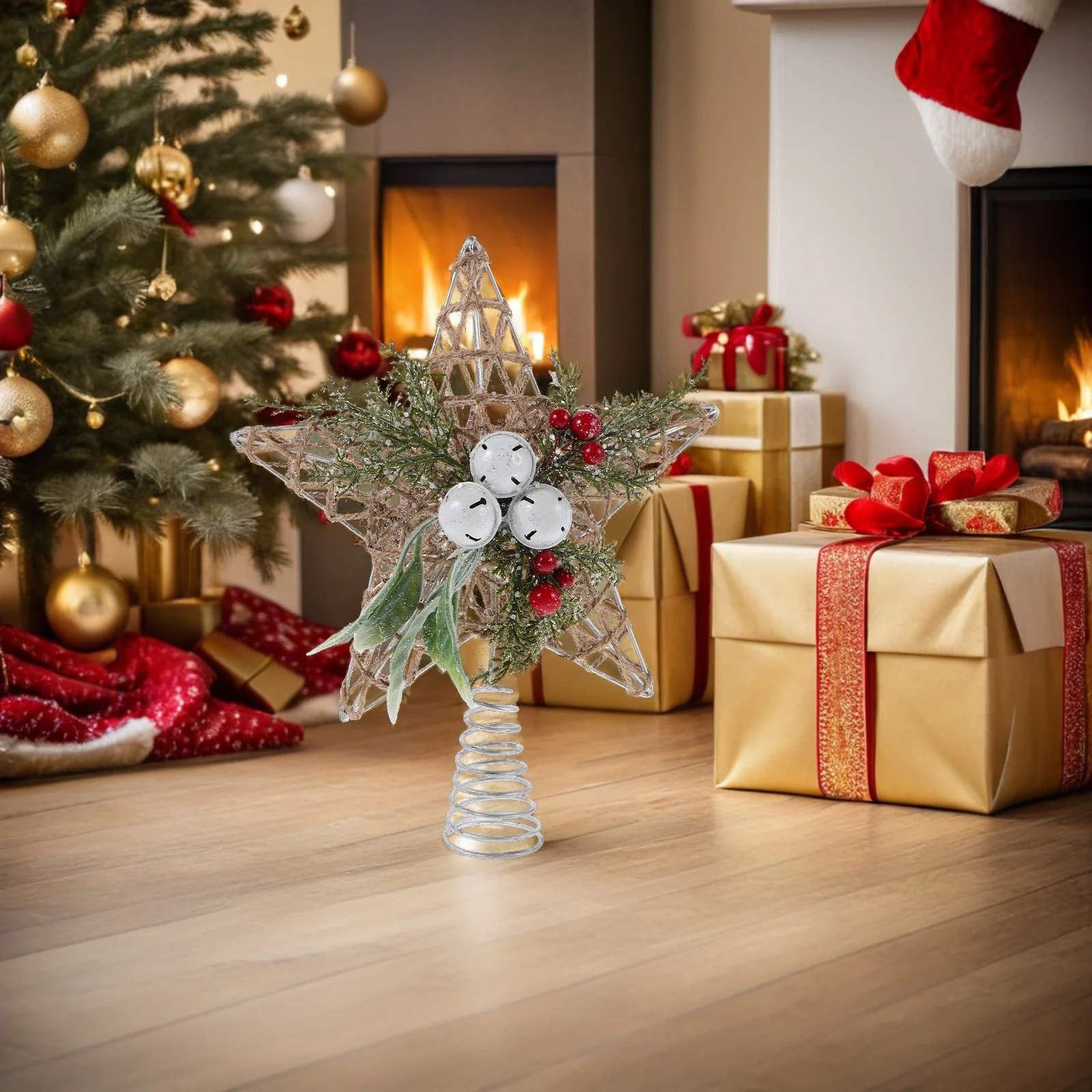 

Christmas Tree Topper Star Festive Xmas Ornament Jute Rope Bells Rustic Stable Base Easy Install Decor Home Office Retail