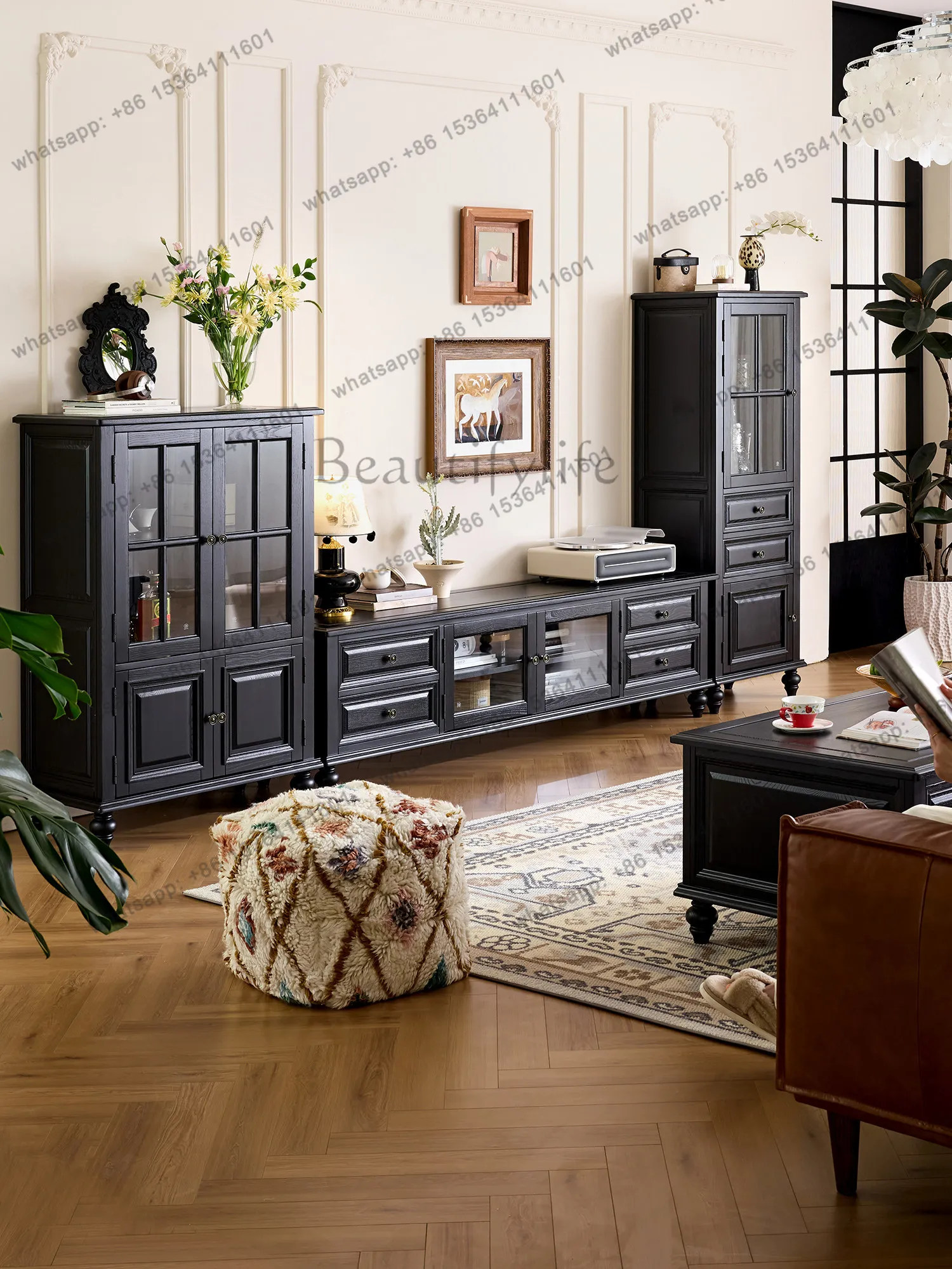 XX  All Solid Wood French Antique Black Wine Cabinet Living Room Wall Glass Display Cabinet