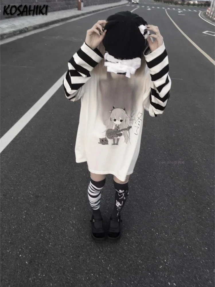 KOSAHIKI Korean Tshirts Harajuku Cartoon Print Punk T-shirt 2024 Women Detachable Long Sleeve Oversized Tops Fashion Graphic Tee