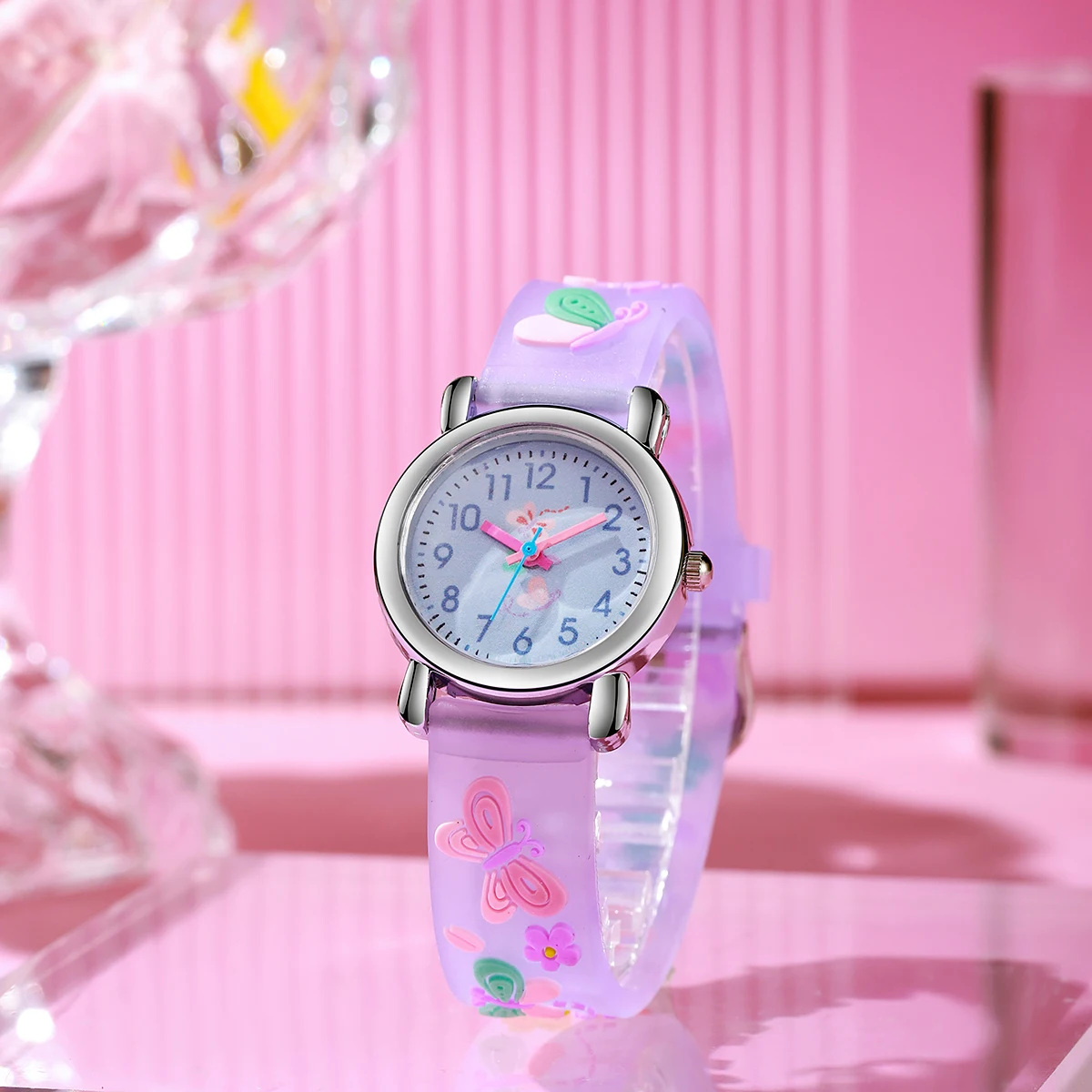 سوار ساعة سيليكون عصري ولطيف على شكل فراشة مع ساعة كوارتز للأطفال بقرص دائري، مناسب للتصفيف اليومي، مثالي #1