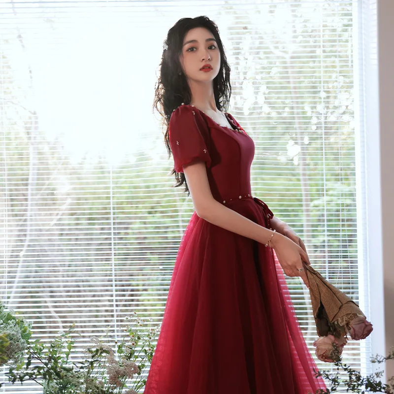 Burgundy Beaded Wedding Dress Wome Square Neck Bubble Short Sleeve With Belt Tulle Prom Gown Elegant Modern Evening Dresses