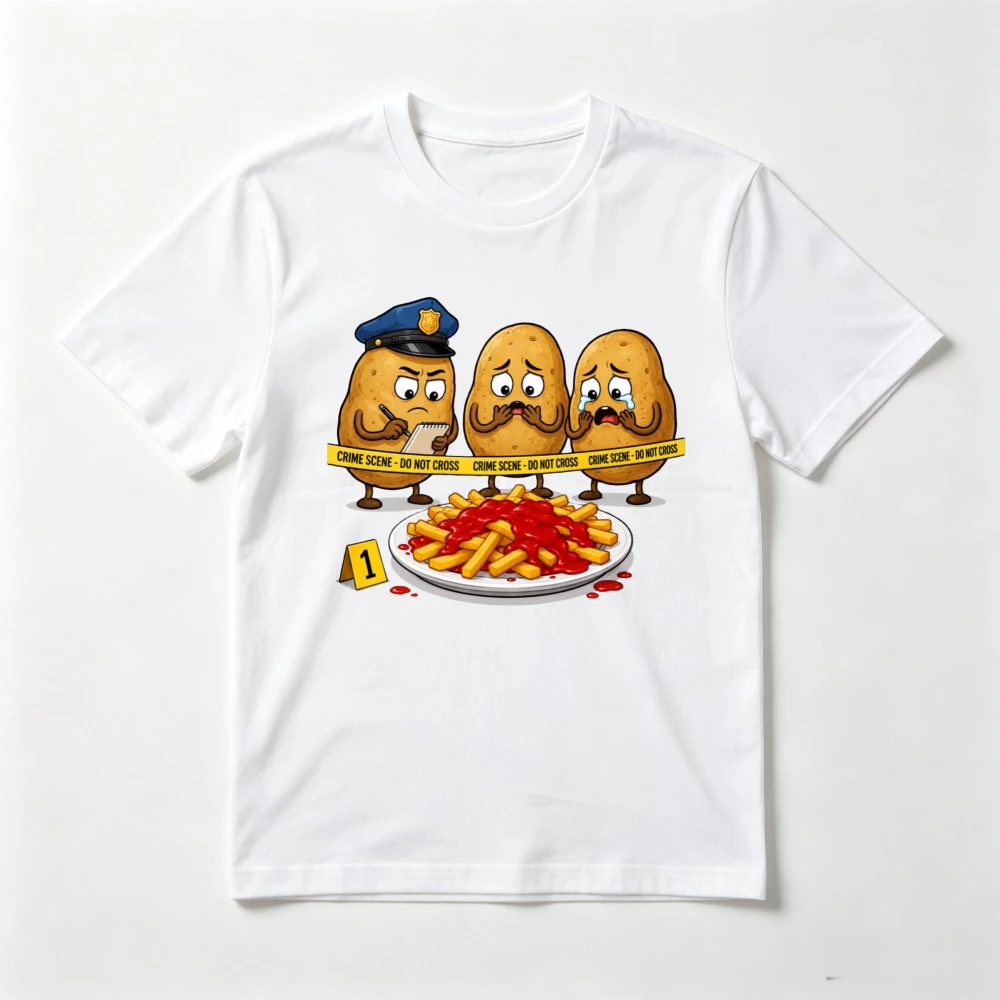 Funny Potato Chips Crime Scene Cartoon T-Shirt Humor Foodie Pun Joke Meme Gift Tshirt Casual Fashion Loose Man Women Clothing