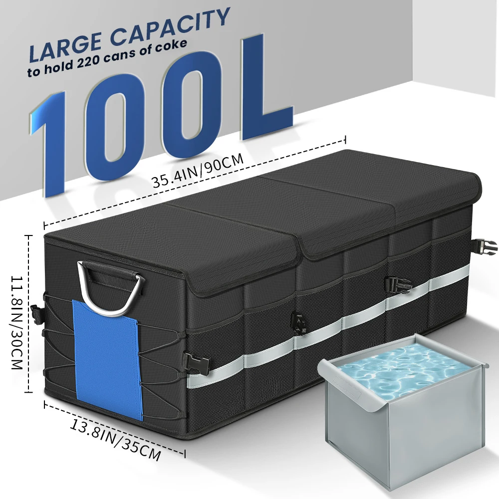 WINHUNT, กล่องเก็บของในรถยนต์แบบพับได้หลายช่องพร้อมหูหิ้วอะลูมิเนียม เหมาะสำหรับรถยนต์, รถ SUV, ฯลฯ, ความจุ 100 ลิตร