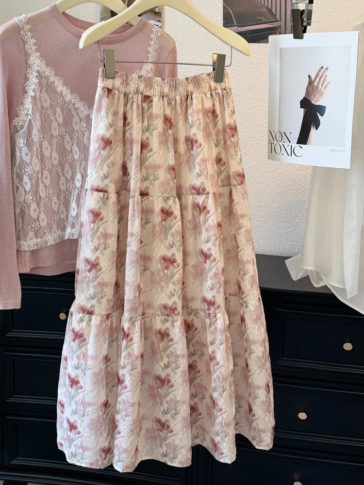 Retro spódnica w kwiaty dla kobiet 2025 letnia nowa moda słodka spódnica trapezowa Temperament długa spódnica w pasie
