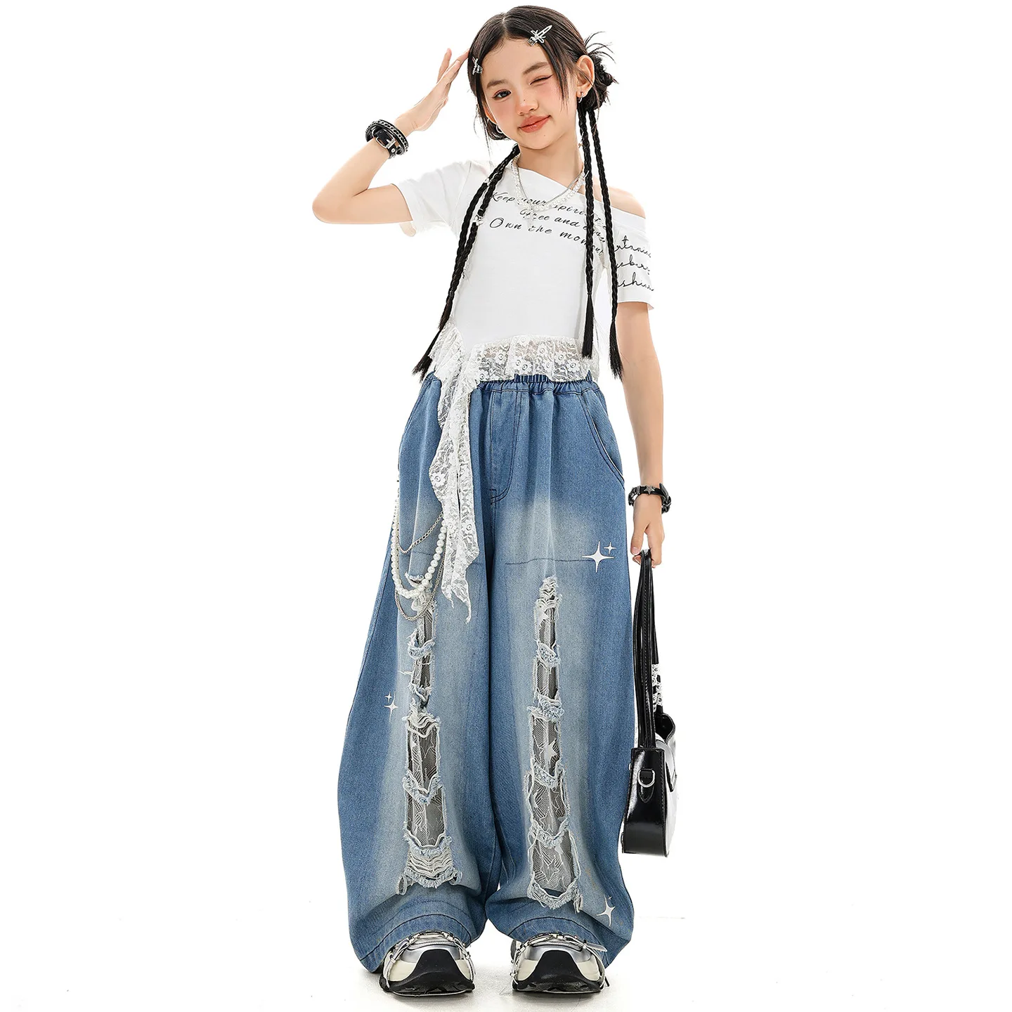 

Kid Kpop Hip Hop Clothing White Lace Trim Crop T Shirt Denim Blue Casual Wide Ripped Jeans Pants for Girl Dance Costume Clothes