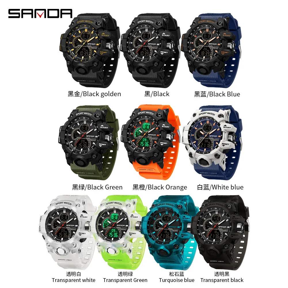 SANDA 6198 Men\'s Electronic Watch Fashion Cool Outdoor Sports Waterproof Dual Display Silicone Strap Wrist Watches for Men Boy