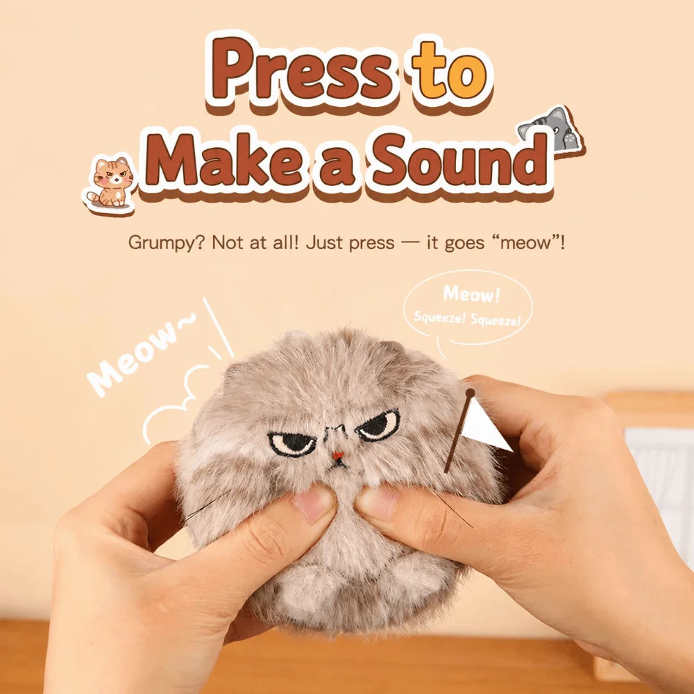Pull Cord Wag Its Tail Angry Cat Keychain Pendant Cartoon Cat Squeaking Sound Bag Ornament Grey Yellow Handbag Charm