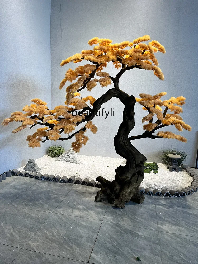 

New Chinese Simulation Yellow Welcome Pine Landscape Root Carving Wooden Staircase Store Fake Trees