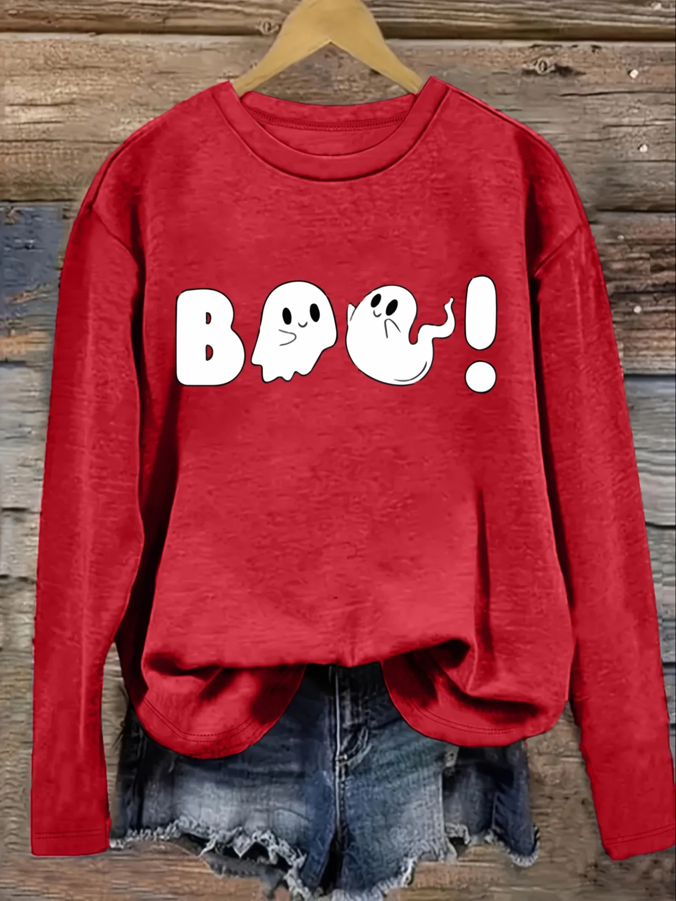 Women's Casual Long Sleeve Crew Neck T-Shirt Boo Ghosts Halloween Fun Print Design, Round Neck Women's Clothing, Machine Washable, Slightly Elastic, Loose Fit, Spring Autumn Winter Women's T-Shirt, Halloween Costume Outfit view 4