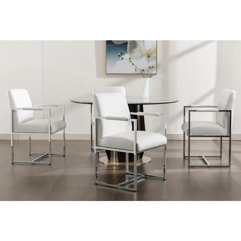 

Dining Chair Set of 4 with Silver Chrome Metal Legs, Arm & Back, Mid Century Modern Faux Leather Upholstered Dining Chair