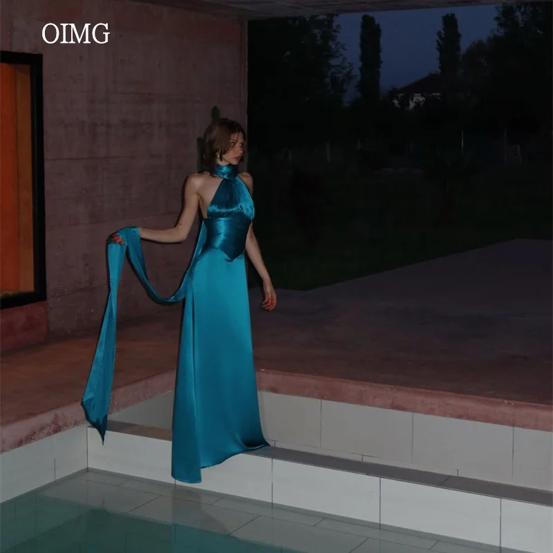 OIMG Sexy Peacock Blue Halter Mermaid Prom Gowns Sleeveless Party Gown Floor Length Long Trailing Evening Dress Customized