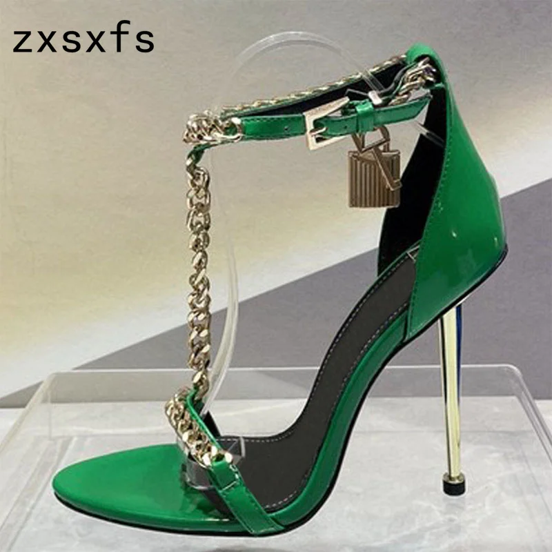 

Summer New High Quality Leather Chain Lock Thin High Heels Sandals Women Deep Toe Buckle Strap Pumps Brand Sexy Party Shoes