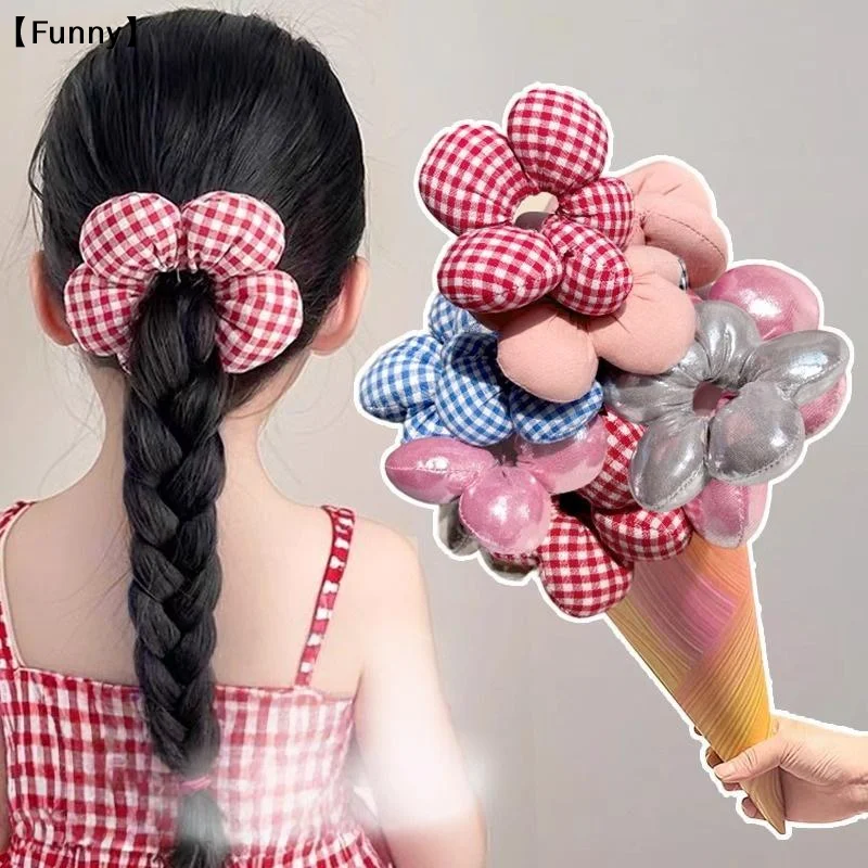 1Pcs Flower Shaped Hair Scrunchies Plaid Denim Shiny Styles Soft Fabric For Daily Wear Parties School Girls Hairstyling〔Funny〕