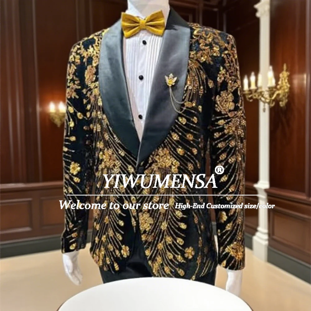

Glitter Beads Stones Tuxedo Men Suits 2 Pieces Sets Costume Homme Customized Groom Party Wedding Doubel Breasted Prom Blazer