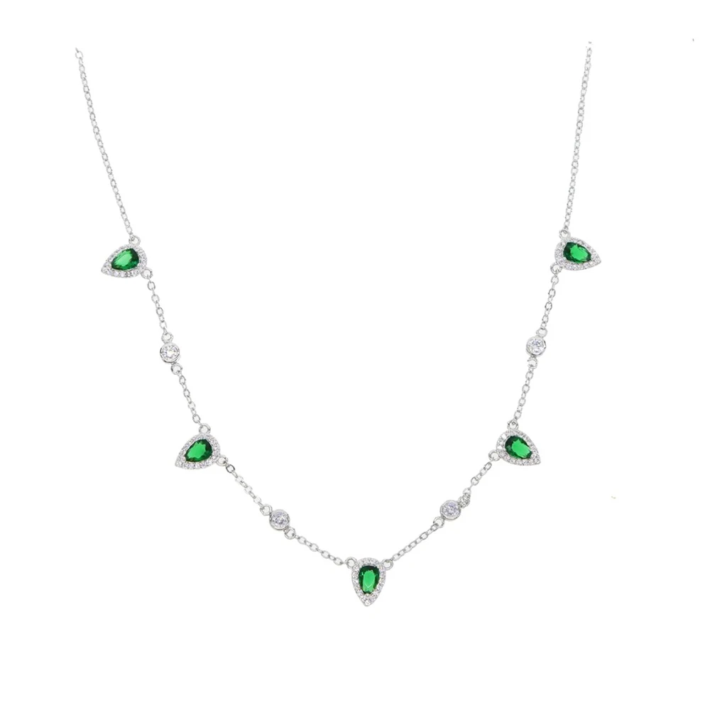 CWWZircons Stackable Delicate Water Drop Green Cubic Zirconia Charms Link Chain Necklace for Women Elegance Jewelry Gift CP124