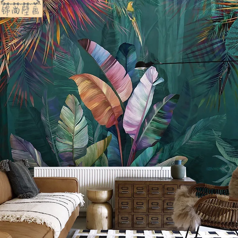 منتجات مخصصة ثلاثية الأبعاد جنوب شرق آسيا ورق حائط على شكل أوراق الموز حيوان حائط الخلفية غابة المطيرة الاستوائية النباتات الخضراء فندق جدارية
